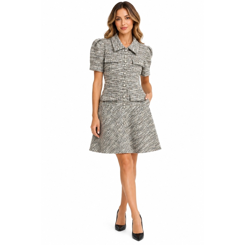Karl Lagerfeld Paris Women Tweed Short Sleeve Faux Pearl Button Dress Size 8 NEW